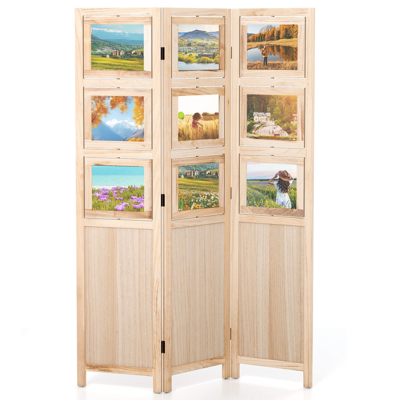 Natural Wood Room Divider 3 Panel Folding Photo Display Privacy Screen